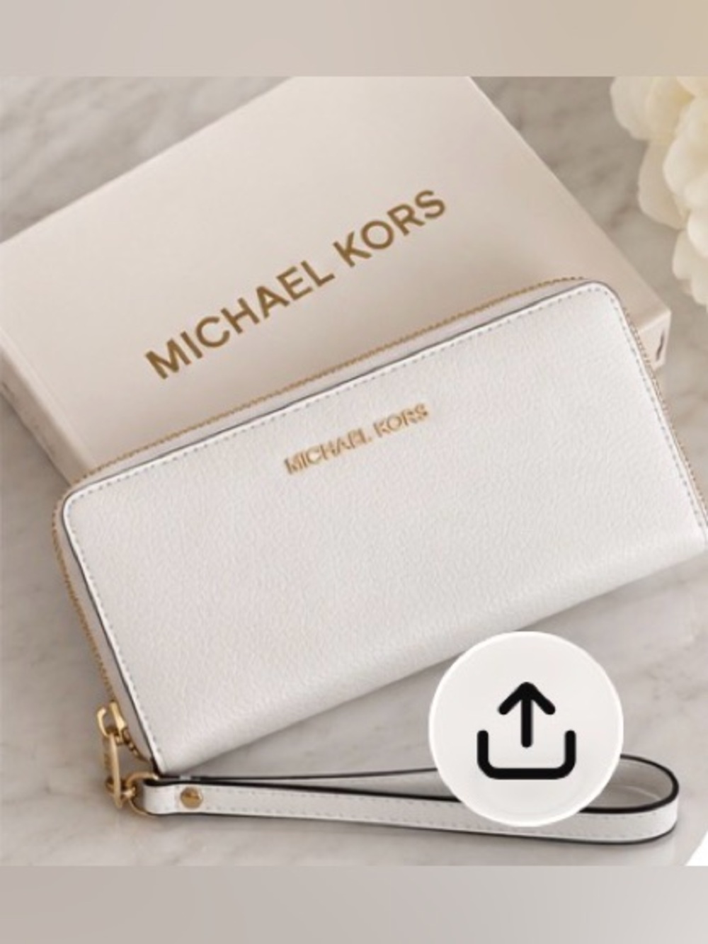 Michael Kors White Pebbled Leather Zip Wristlet with Gold-Tone Hardware